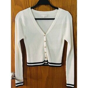 Aeropostale White Cardigan Button Up Blk Stripes Bottom/Wrists Size XL Preppy